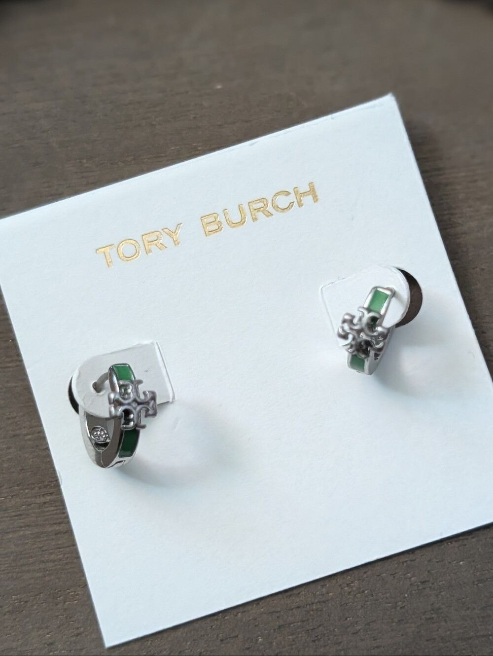 TORY BURCH Kira Logo Green Enamel Hoop Earrings